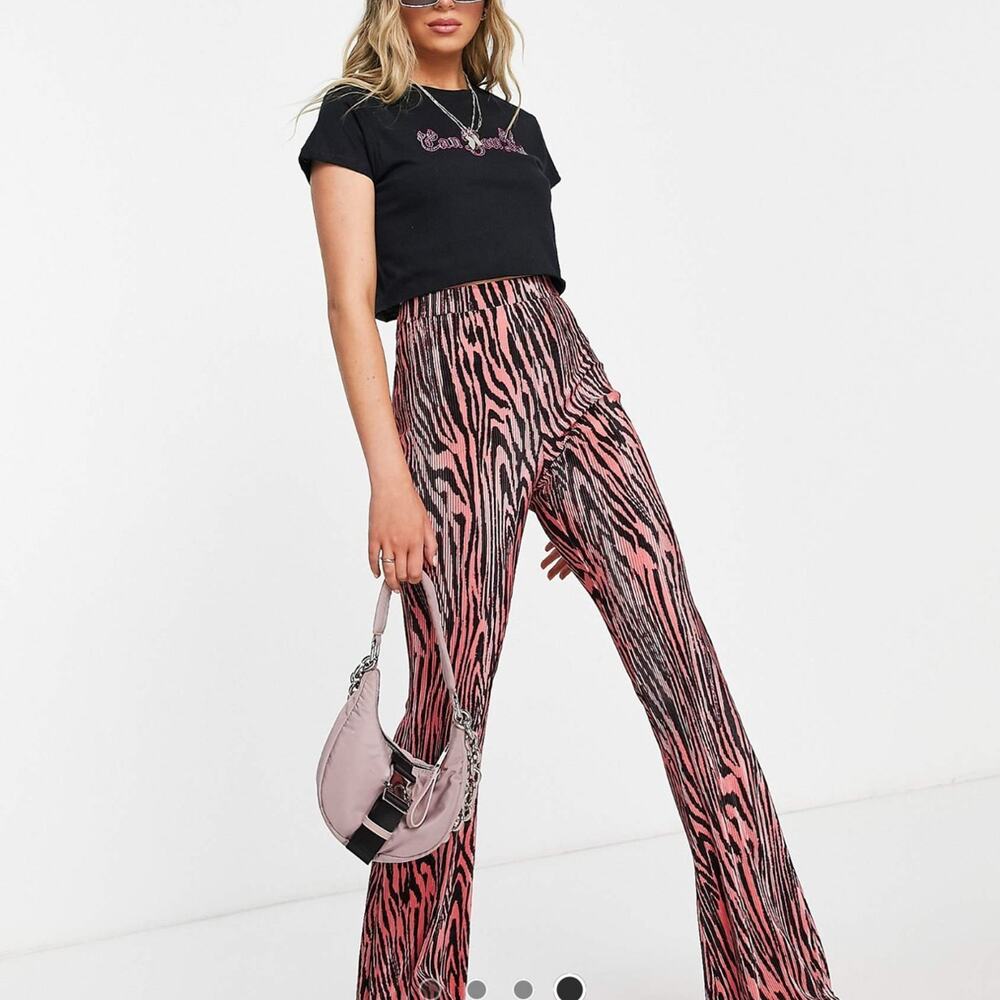 Pink and black zebra animal print ASOS Plisse flare pants NWOT